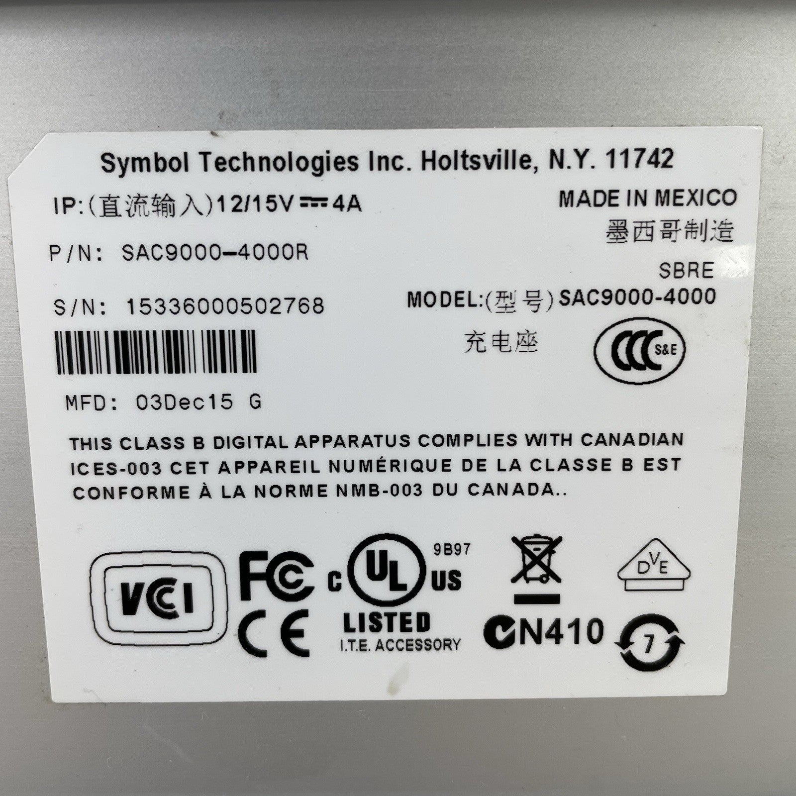 Symbol Technologies SAC9000-4000R 4-Slot Battery Charger USIP Untested