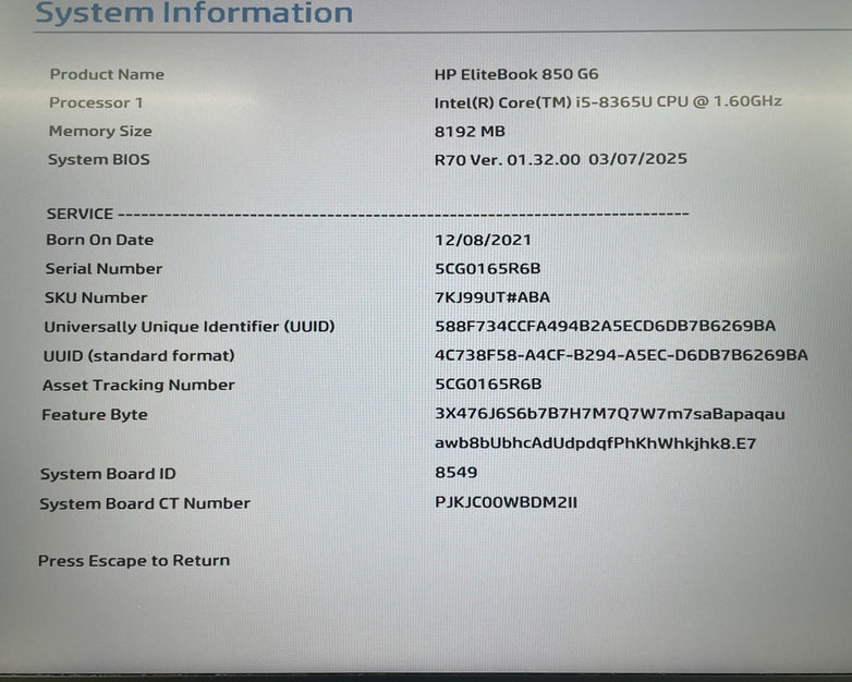 HP EliteBook 850 G6 15.6" i5-8365U 1.60 GHz 8 GB RAM No SSD/OS/AC - Worn