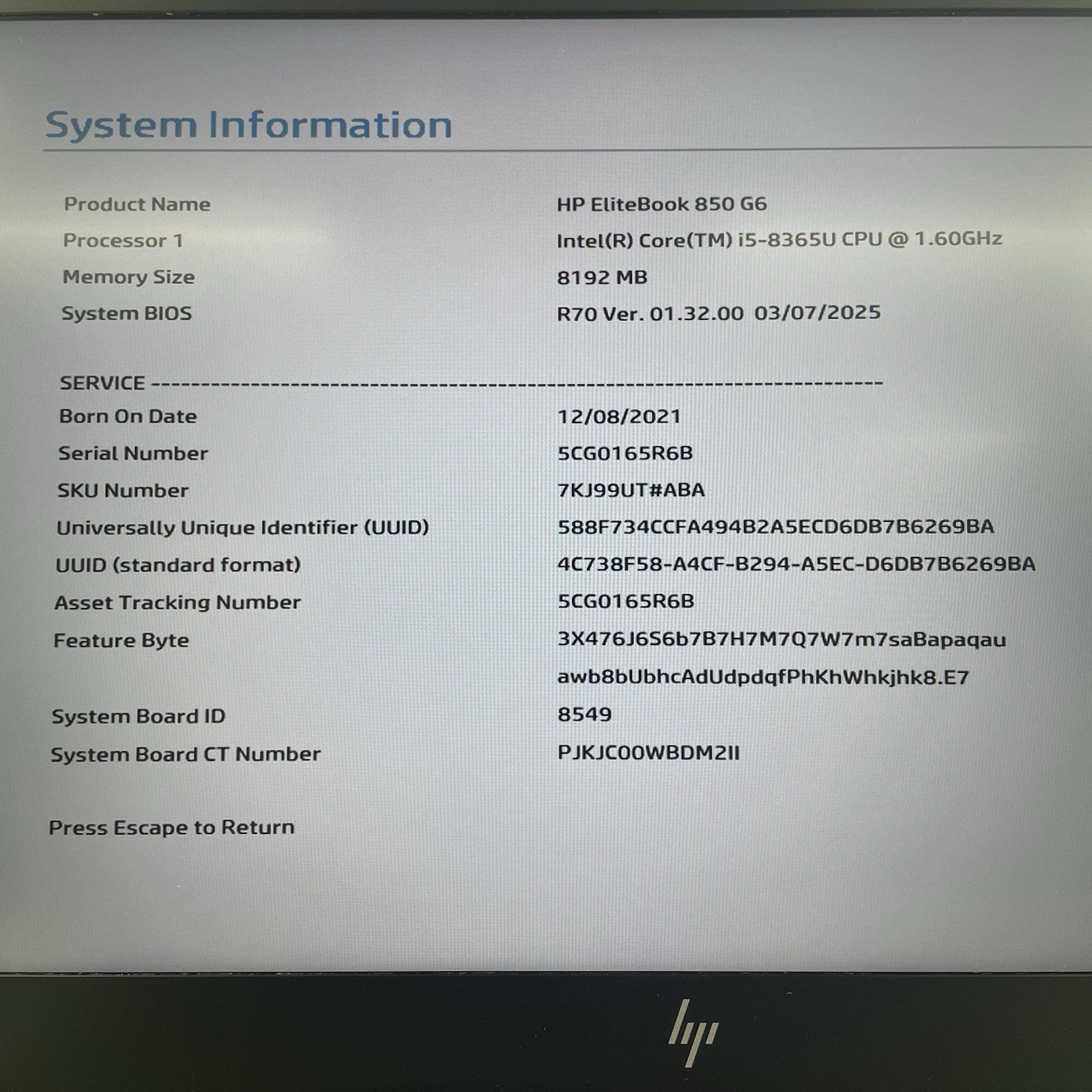 HP EliteBook 850 G6 15.6" i5-8365U 1.60 GHz 8 GB RAM No SSD/OS/AC - Worn3