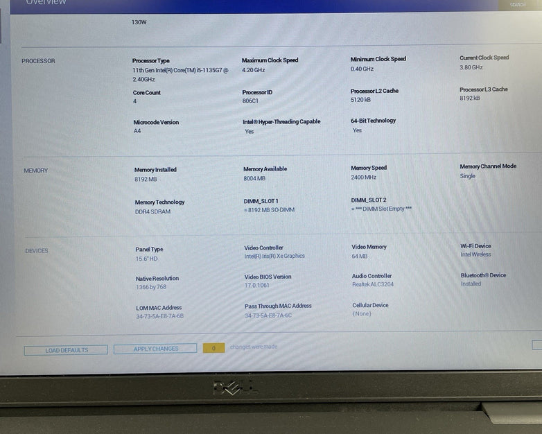Dell Latitude 3520 15.6" i5-1135G7 2.40GHz 8GB RAM No SSD/OS/AC-Bad Heat Sensors