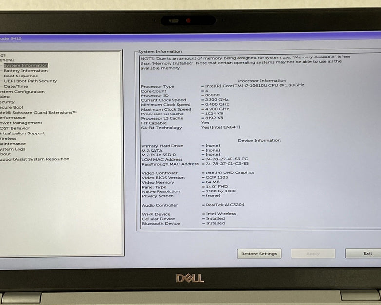 Dell Latitude 5410 Core i7-10610U 1.80 GHz 16 GB RAM 14" No Battery No SSD No OS