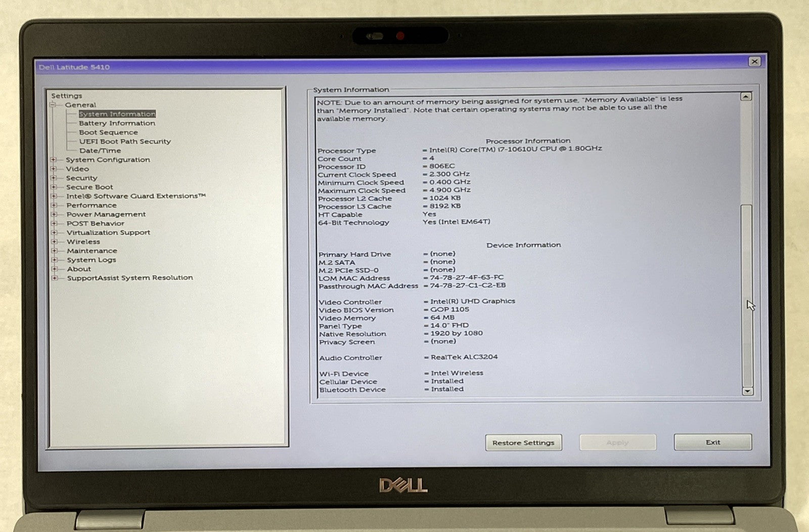 Dell Latitude 5410 Core i7-10610U 1.80 GHz 16 GB RAM 14" No Battery No SSD No OS