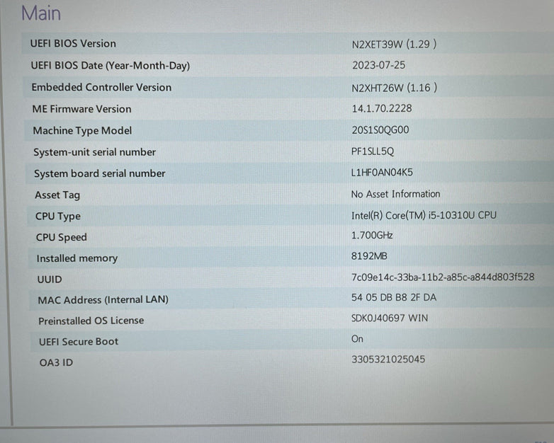 Lenovo ThinkPad T14 Gen1 14" i5-10310U 1.70GHz 8GB RAM No SSD/OS/AC - Bad Corner