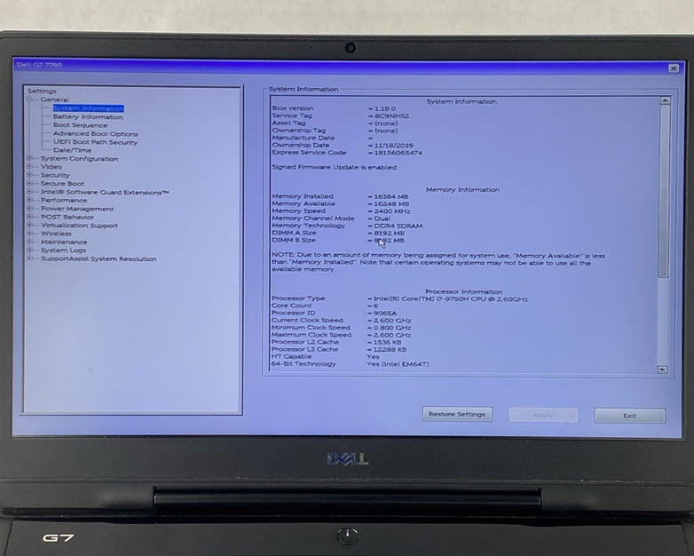 Dell G7 7790 17.3" i7-9750H 2.60 GHz 16 GB RAM GTX 1660Ti No Battery No HDD/OS