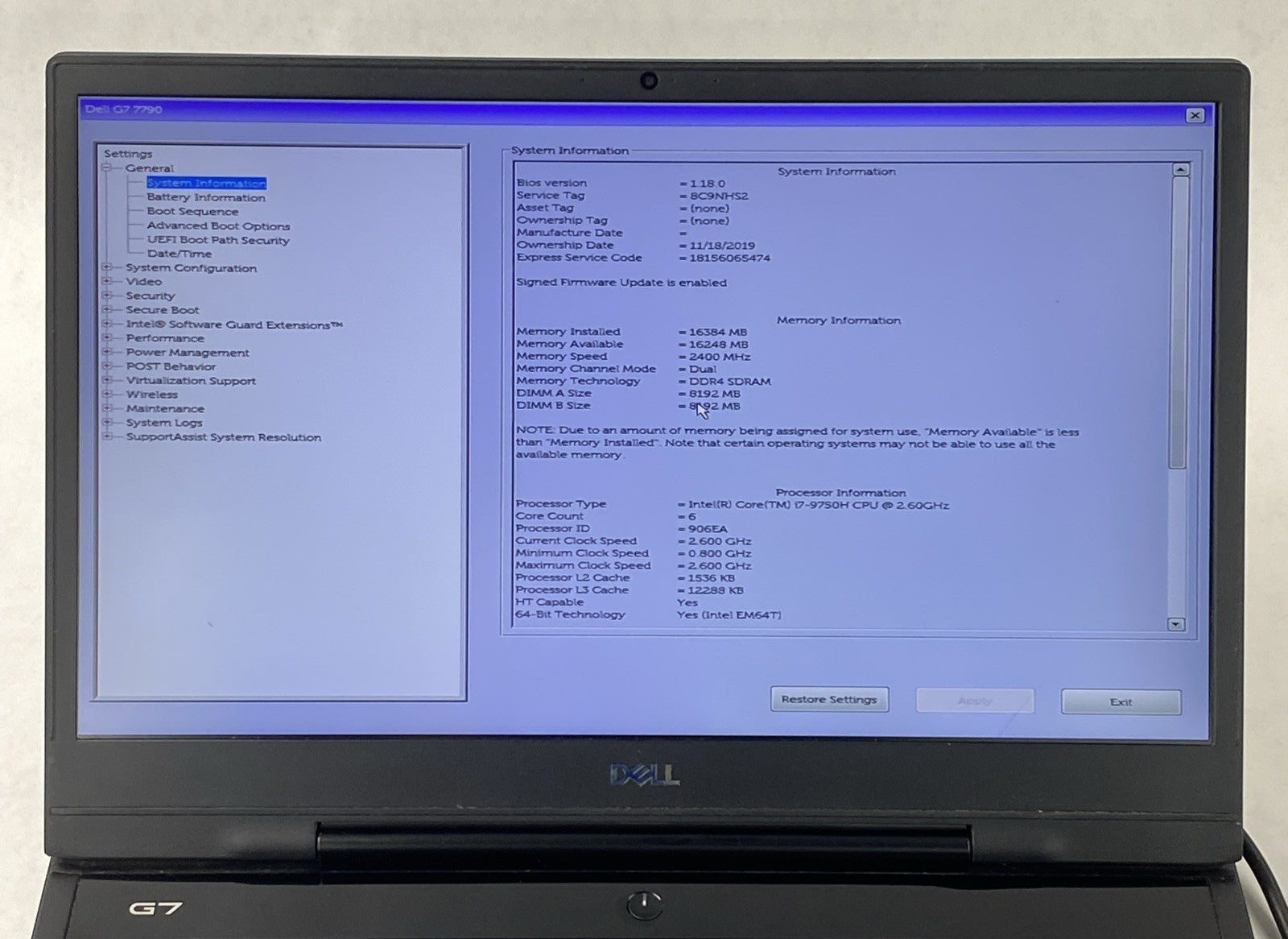 Dell G7 7790 17.3" i7-9750H 2.60 GHz 16 GB RAM GTX 1660Ti No Battery No HDD/OS