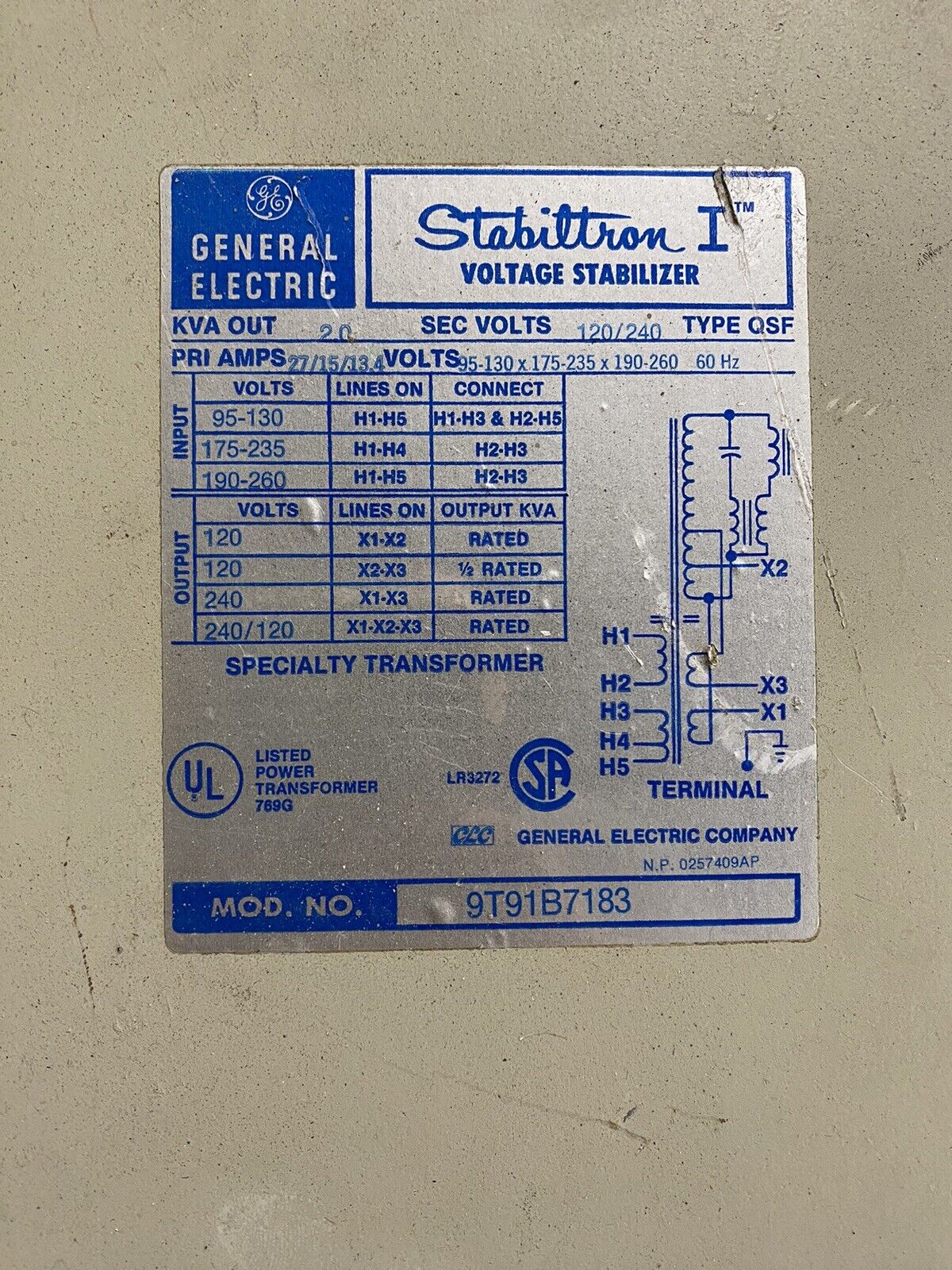 Parts and Repair General Electric Voltage Stabilizer Model No. 9T91B7183