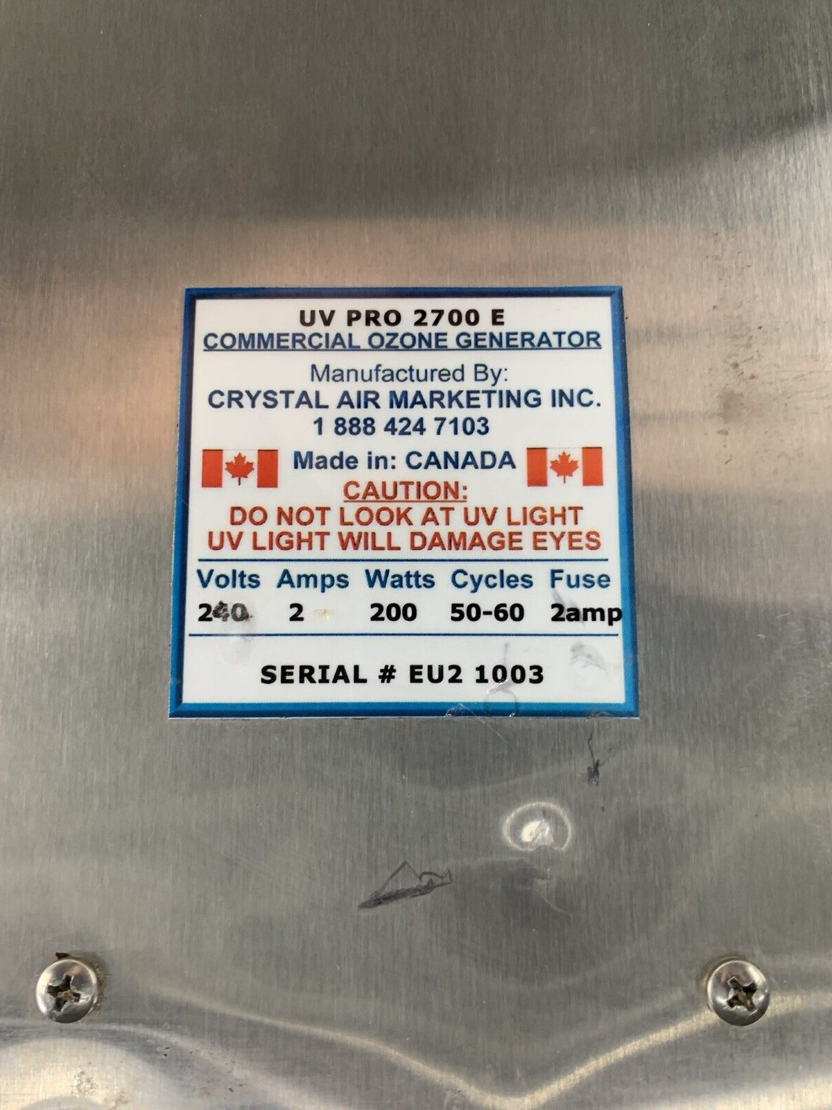 UV Pro 2700 E Industrial Crystal Air Ozone Generator 240V Untested