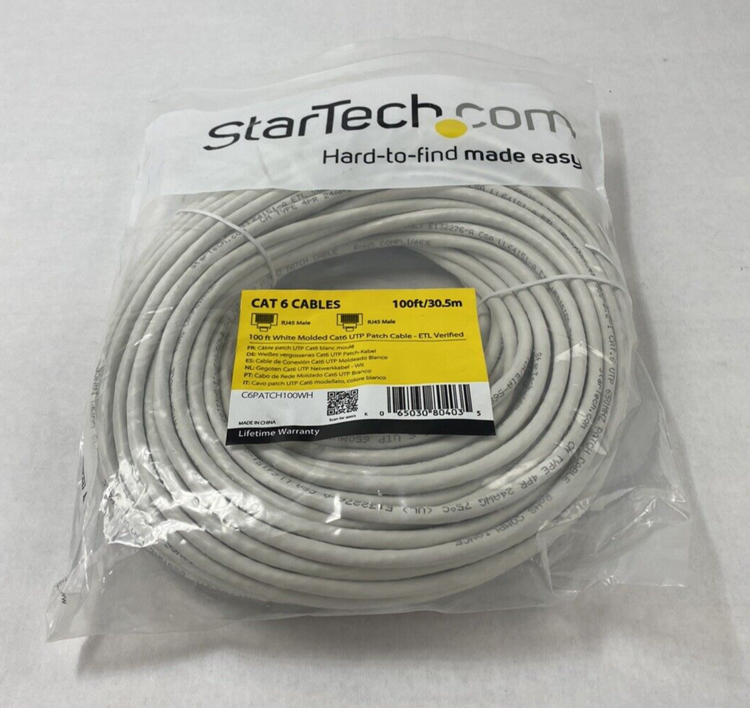 Startech C6PATCH100WH 100 Ft White Molded Cat6 UTP Patch Cable ETL Verified