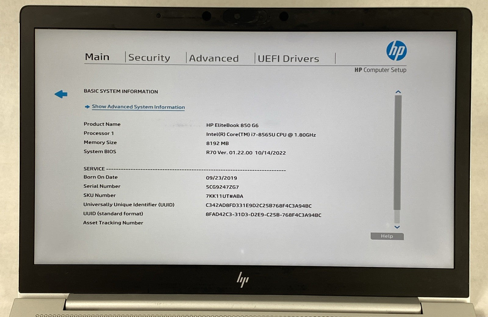 HP EliteBook 850 G6 Core i7-8565U 1.80GHz 8GB RAM 15.6" No Battery No HDD No OS