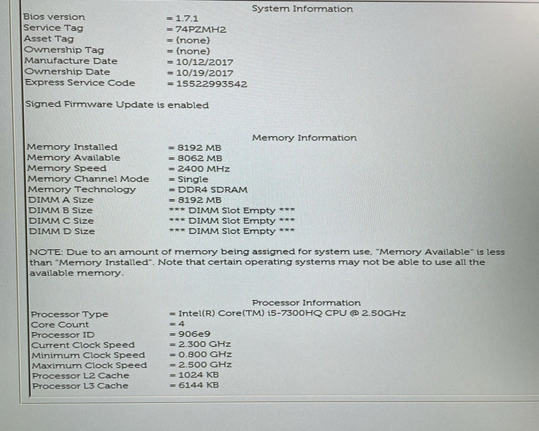 Dell Precision 7520 15.6" i5-7300HQ 2.5GHz 8GB RAM No SSD/OS/AC/Batt - READ