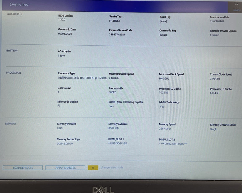 Dell Latitude 3510 15.6" i5-10210U 1.60 GHz 8 GB RAM No SSD/OS/AC/Battery