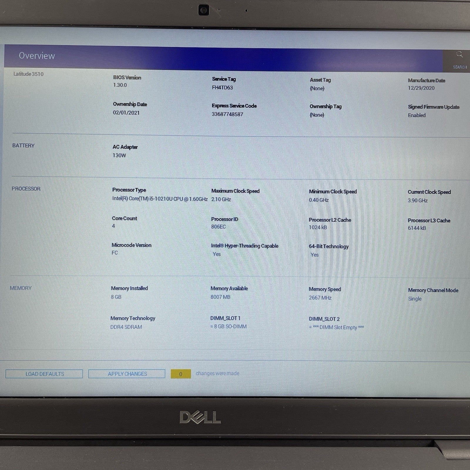 Dell Latitude 3510 15.6" i5-10210U 1.60 GHz 8 GB RAM No SSD/OS/AC/Battery2