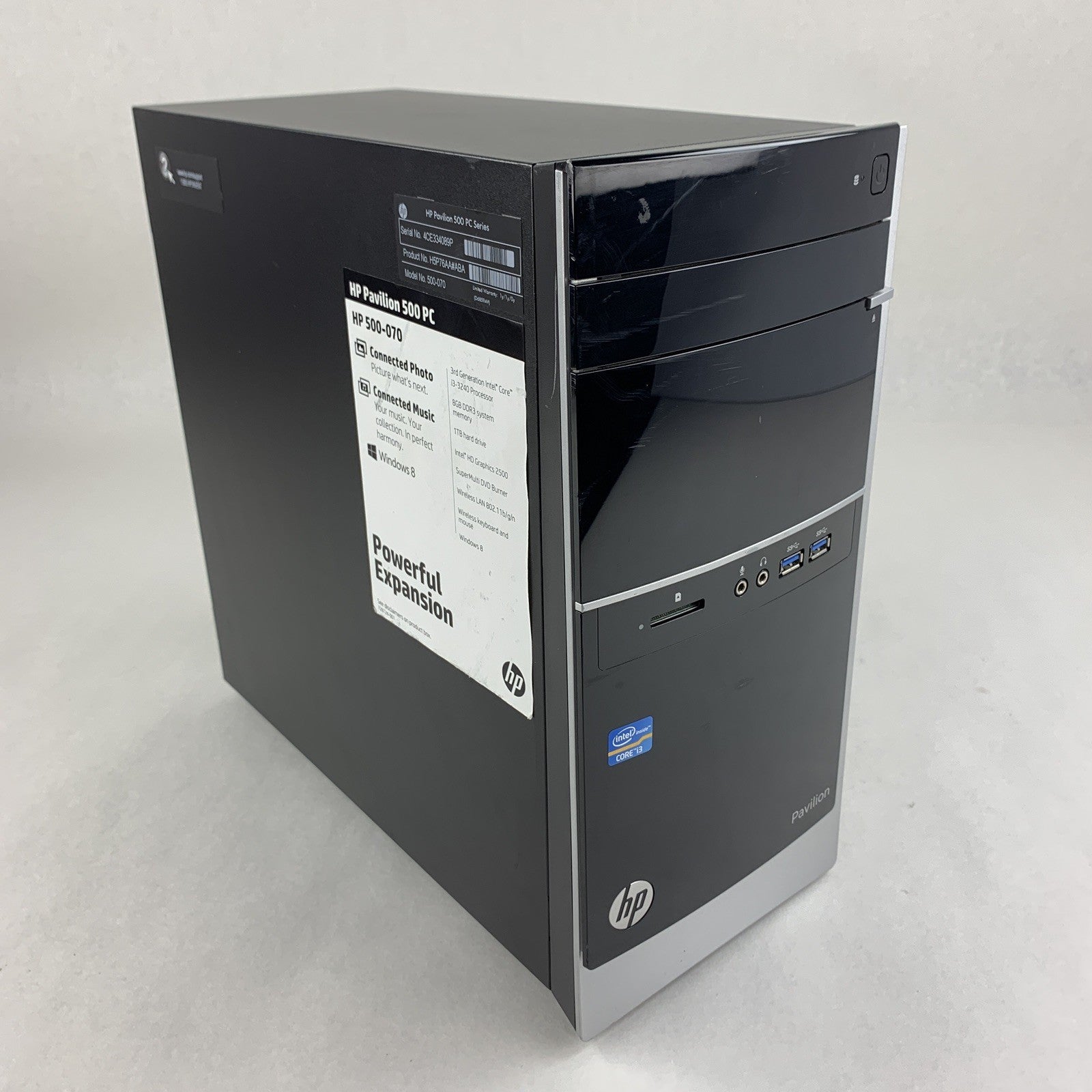 HP Pro 500-070 500 Series MT Desktop Core i3-3240 3.40 GHz 8 GB RAM No OS No HDD