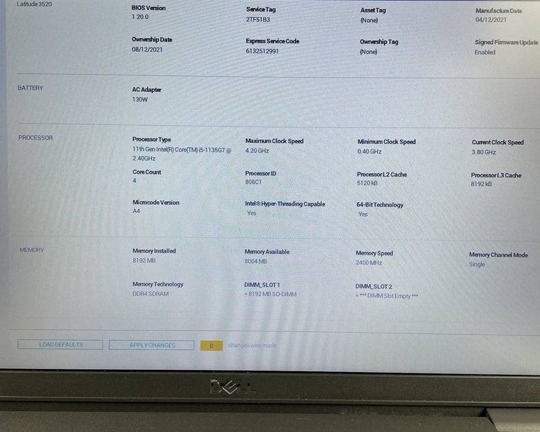 Dell Latitude 3520 15.6" i5-1135G7 2.40GHz 8GB RAM No SSD/OS/AC-Bad Heat Sensors