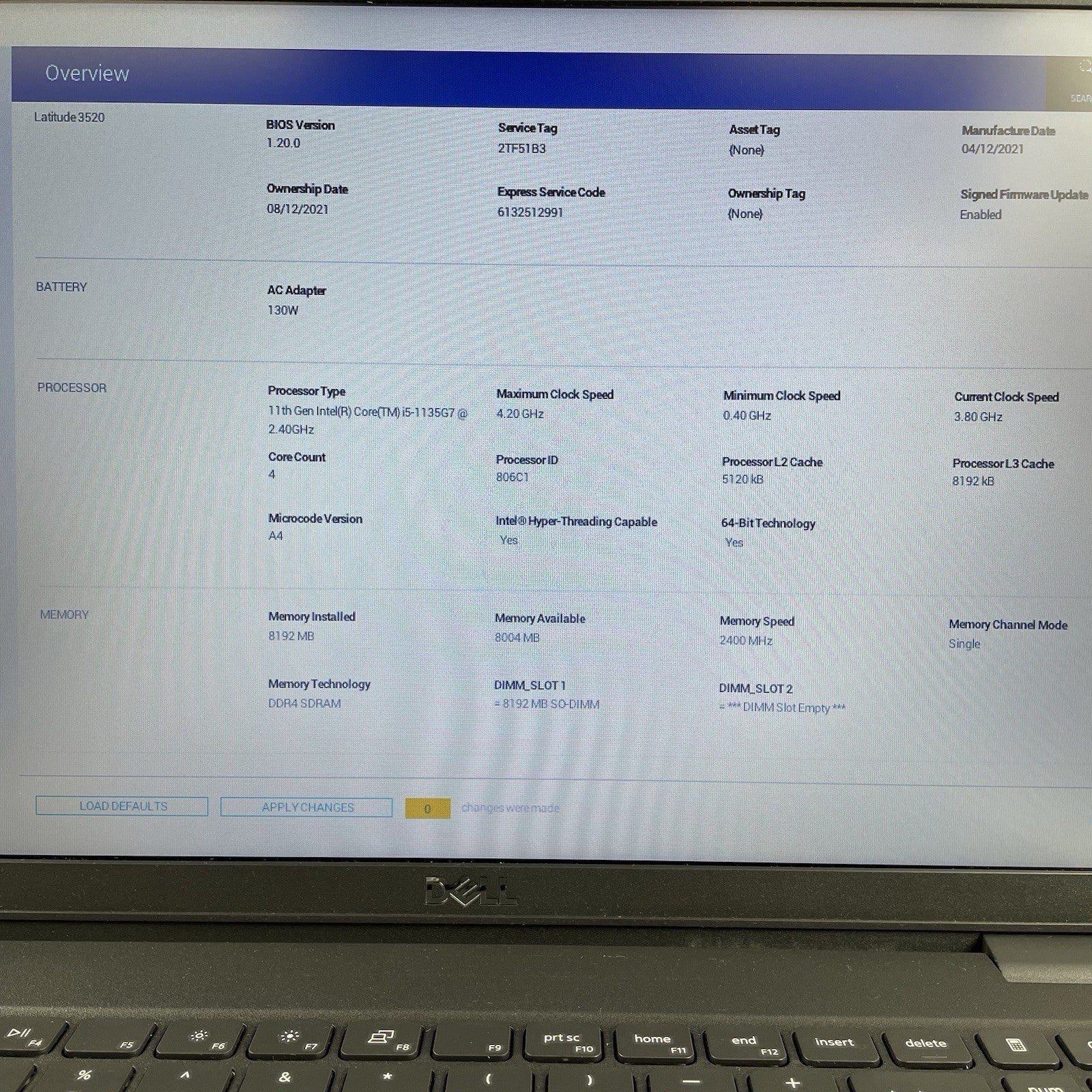 Dell Latitude 3520 15.6" i5-1135G7 2.40GHz 8GB RAM No SSD/OS/AC-Bad Heat Sensors3