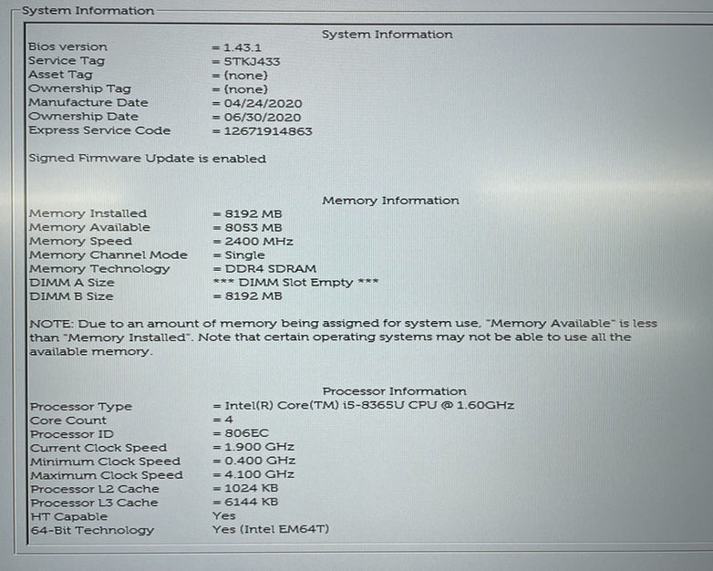 Dell Latitude 5400 14" i5-8365U 1.60 GHz 8 GB RAM No SSD/OS/AC/Batt- Bad Bottom