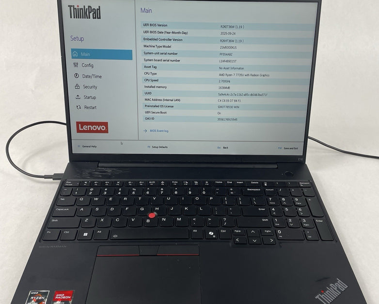 Lenovo ThinkPad E16 Gen 2 16" Ryzen 7 7735U 2.70 GHz 16 GB RAM No SSD No OS READ