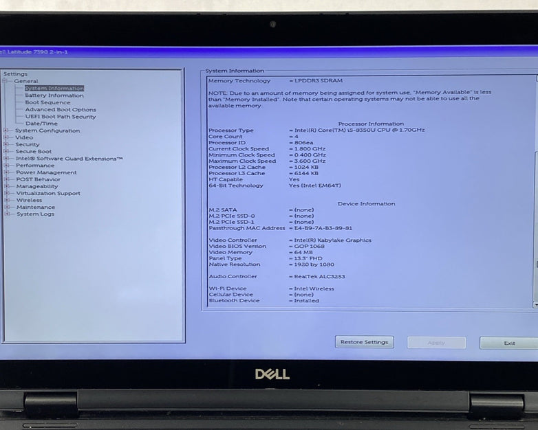 Dell Latitude 7390 2 in 1  13.3" Touch i5-8350U 1.7GHz 8GB RAM No Battery/HDD/OS