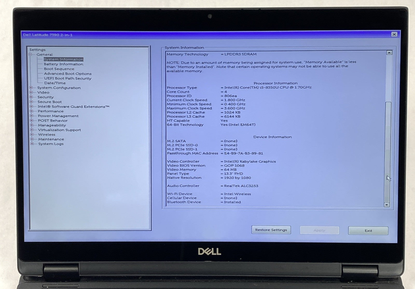 Dell Latitude 7390 2 in 1  13.3" Touch i5-8350U 1.7GHz 8GB RAM No Battery/HDD/OS