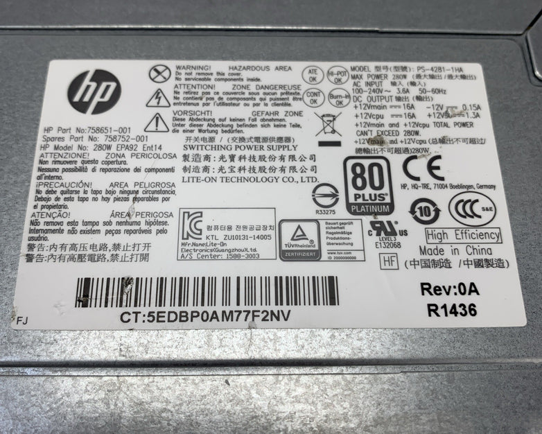 HP PS-4281-1HA 80 Plus Platinum 280W EPA92 Ent14 Power Supply 758651-001 -Tested