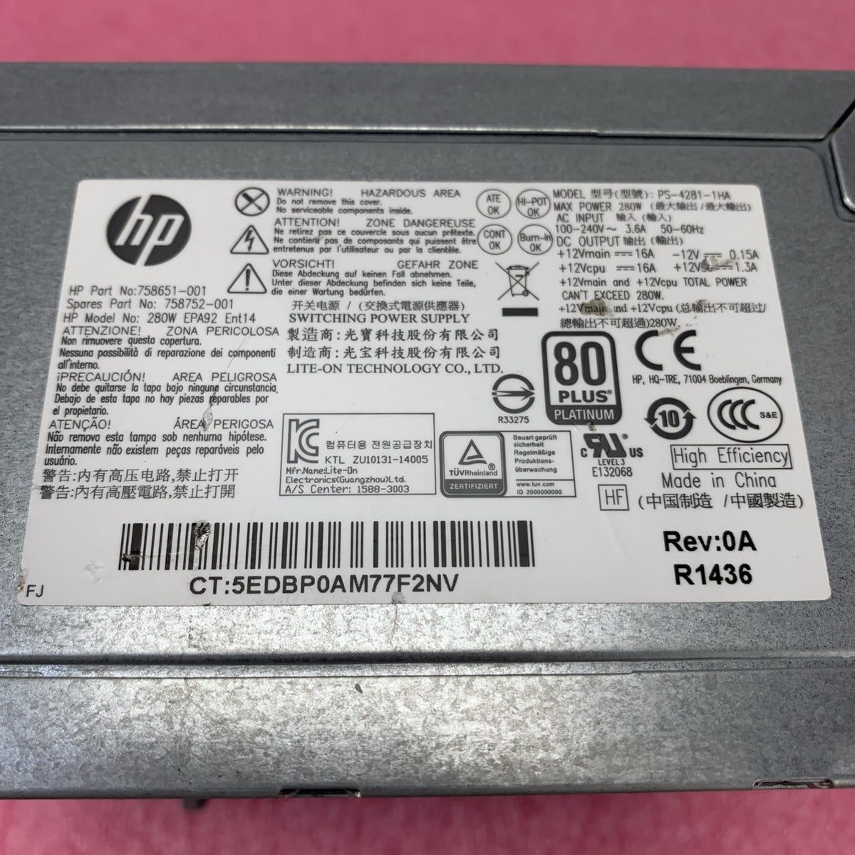 HP PS-4281-1HA 80 Plus Platinum 280W EPA92 Ent14 Power Supply 758651-001 -Tested4