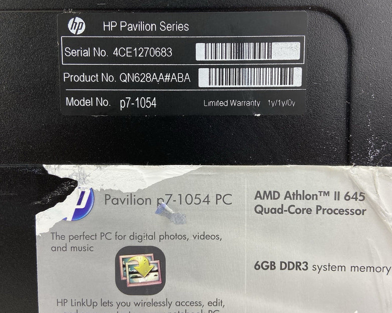 HP Pavilion P7-1054 MT AMD Athlon 2 x4 645 3.1GHz 2GB RAM No HDD No OS