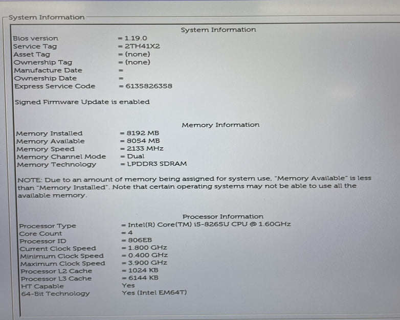Dell XPS 13 9380 13.3" i5-8265U 1.60 GHz 8 GB RAM No SSD/OS/OS/AC