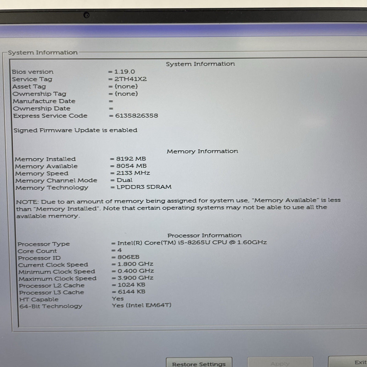 Dell XPS 13 9380 13.3" i5-8265U 1.60 GHz 8 GB RAM No SSD/OS/OS/AC3