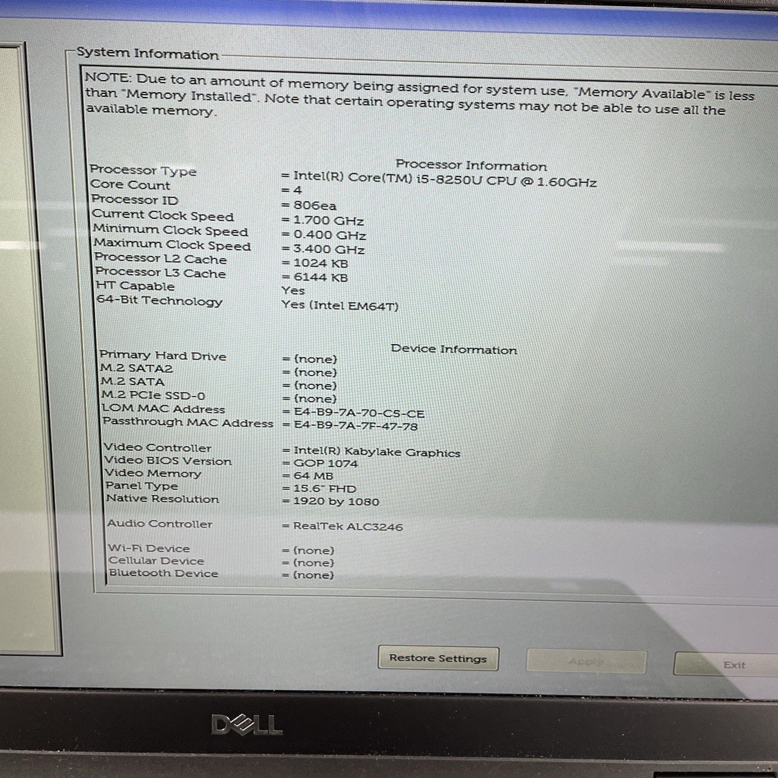 Dell Latitude 5590 15.6" i5-8250U 1.6 GHz 8GB RAM No SSD No OS - Bad Corner READ3