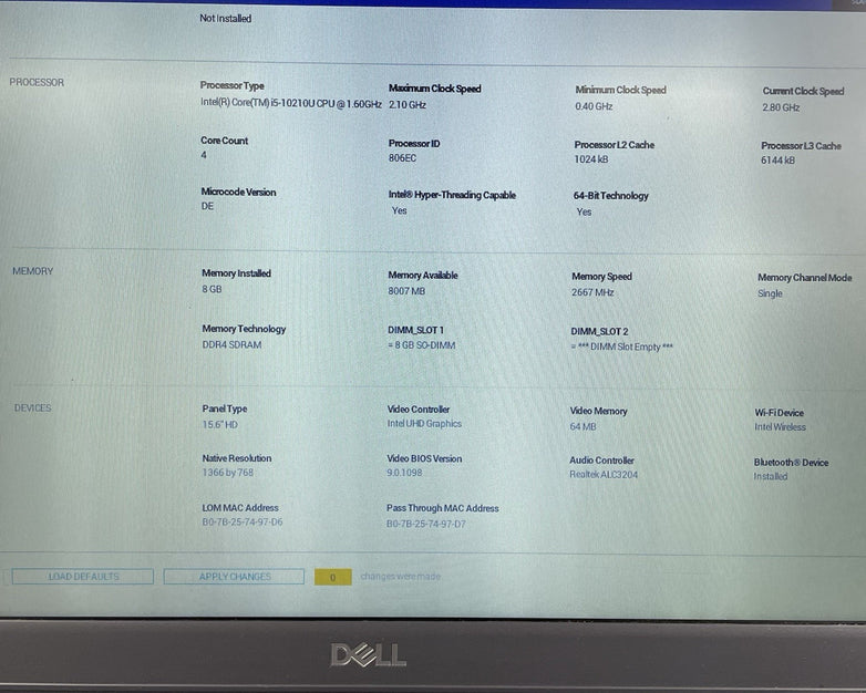 Dell Latitude 3510 15.6" i5-10210U 1.60 GHz 8 GB RAM No SSD/OS/AC