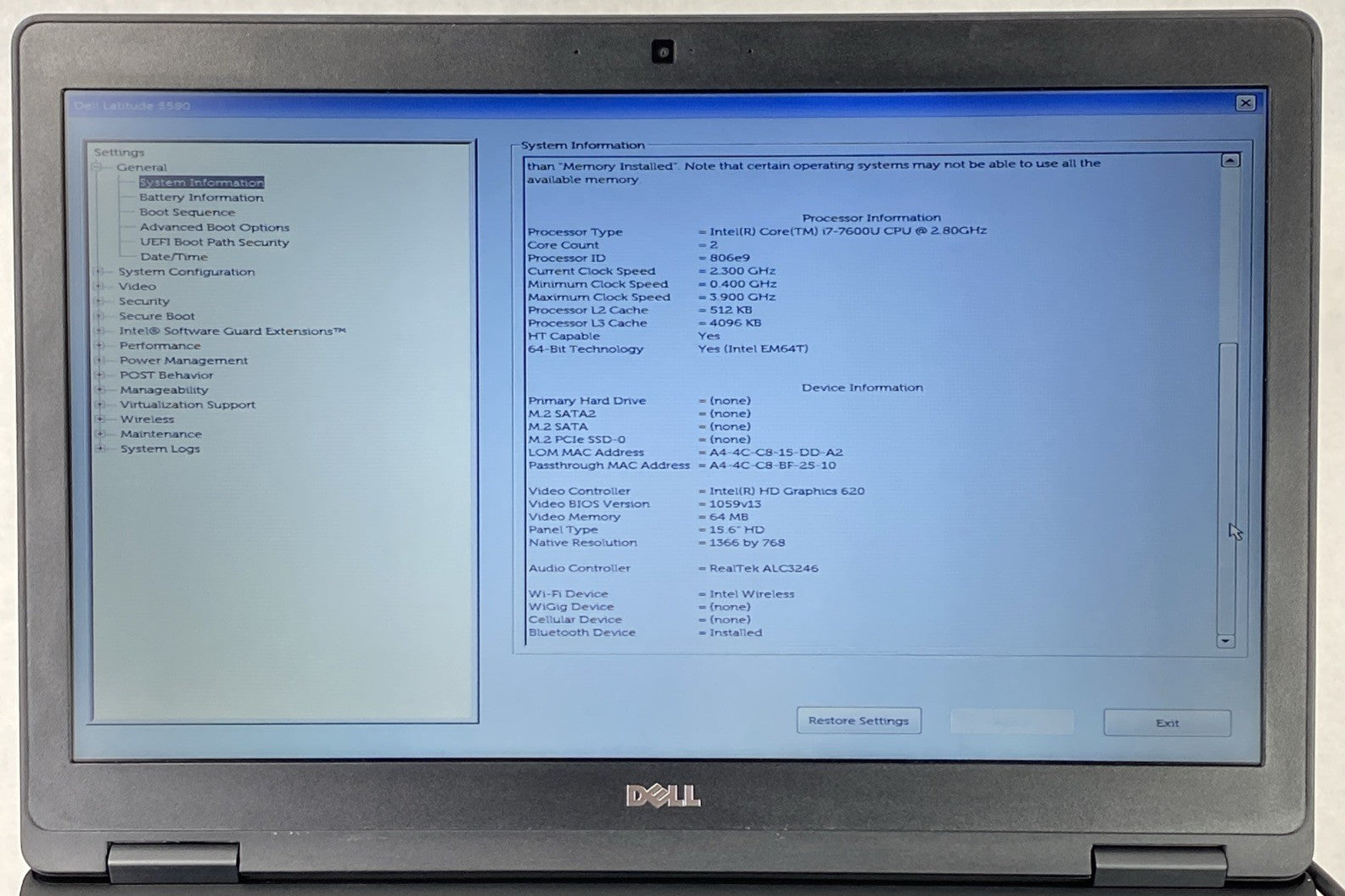 Dell Latitude 5580 Intel Core i7-7600U 2.80GHz 8GB RAM 15.6" No HDD No OS