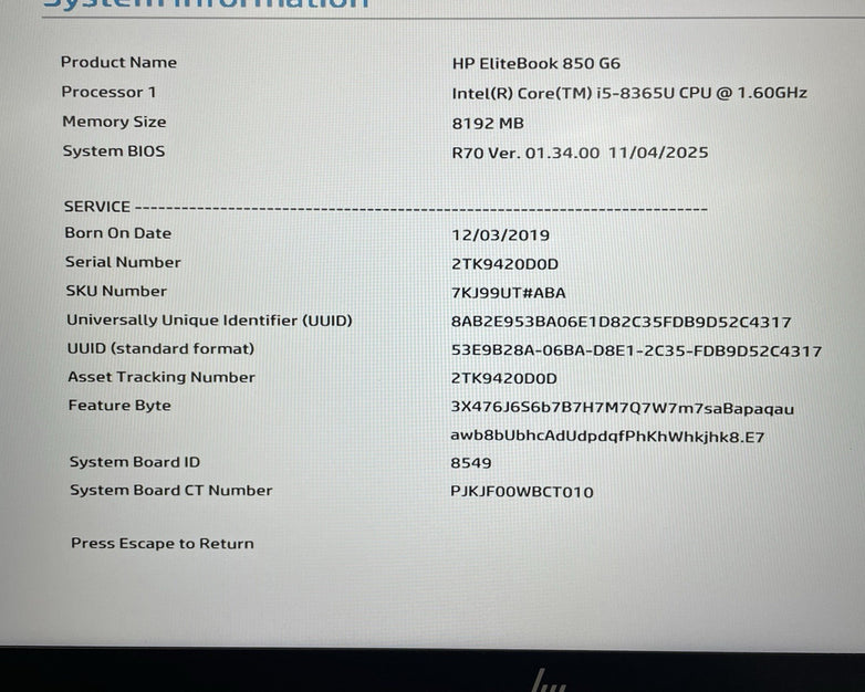 HP EliteBook 850 G6 15.6" i5-8365U 1.60 GHz 8 GB RAM No SSD/OS/AC - Bad SC Slot