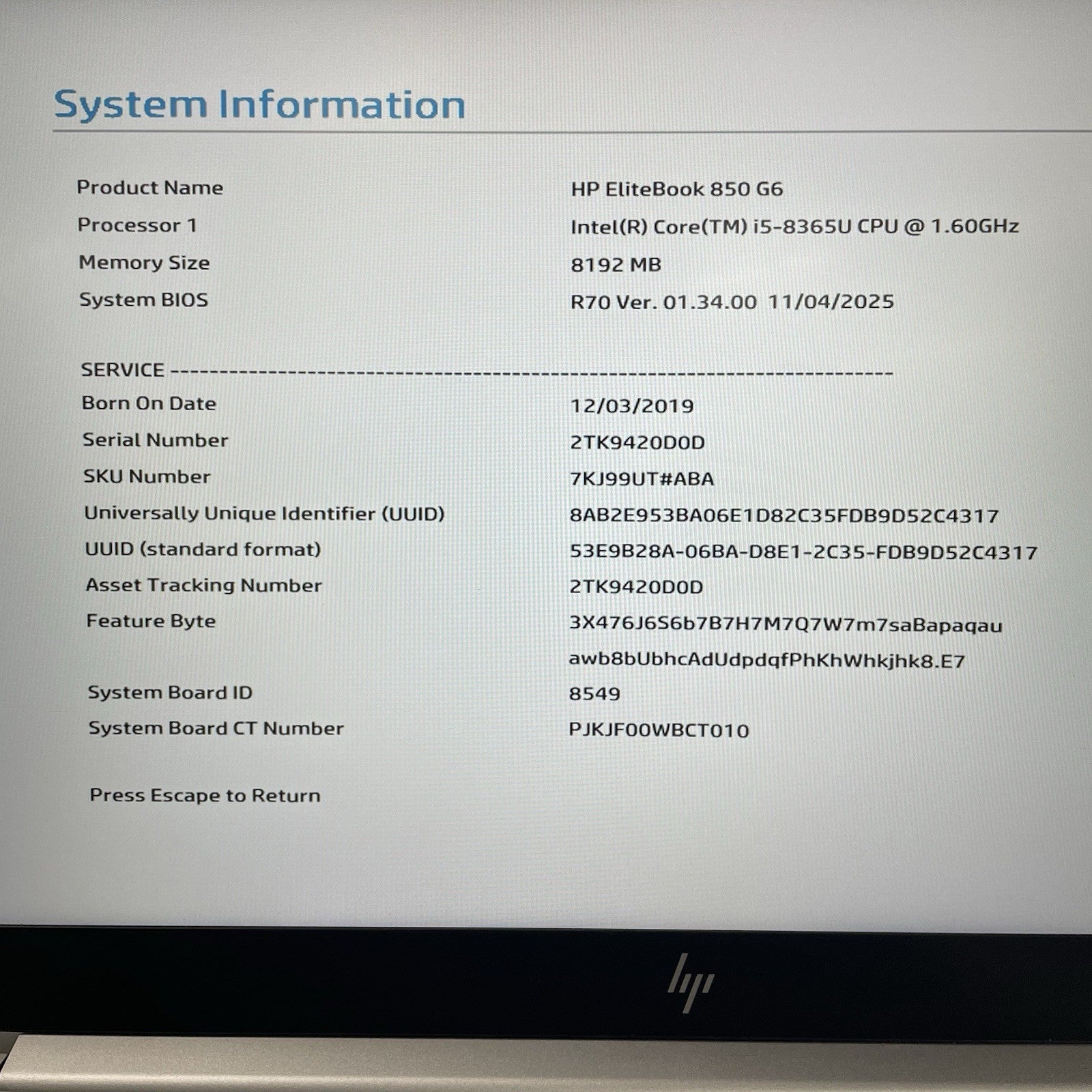 HP EliteBook 850 G6 15.6" i5-8365U 1.60 GHz 8 GB RAM No SSD/OS/AC - Bad SC Slot2