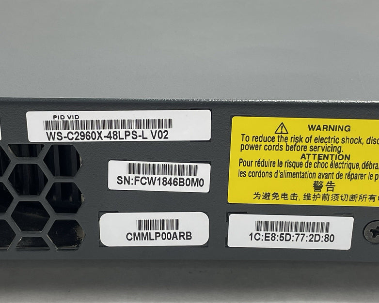 Cisco WS-C2960X-48LPS-L V04 48 Port Ethernet Gigabit PoE+ Switch Tested & Reset