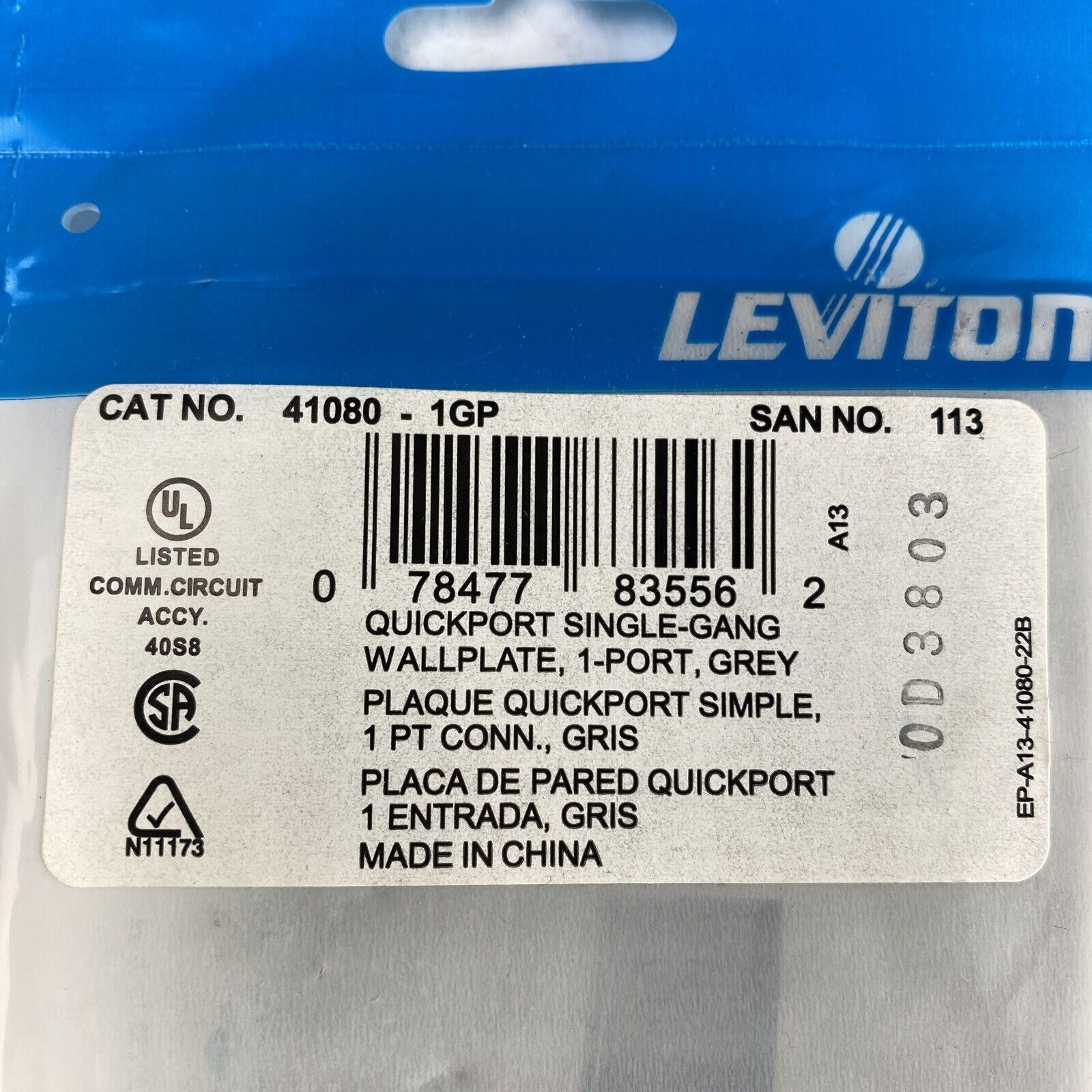 Leviton 41080-1GP Single-Gang 1-Port QuickPort Wallplate Grey (Lot of 10)
