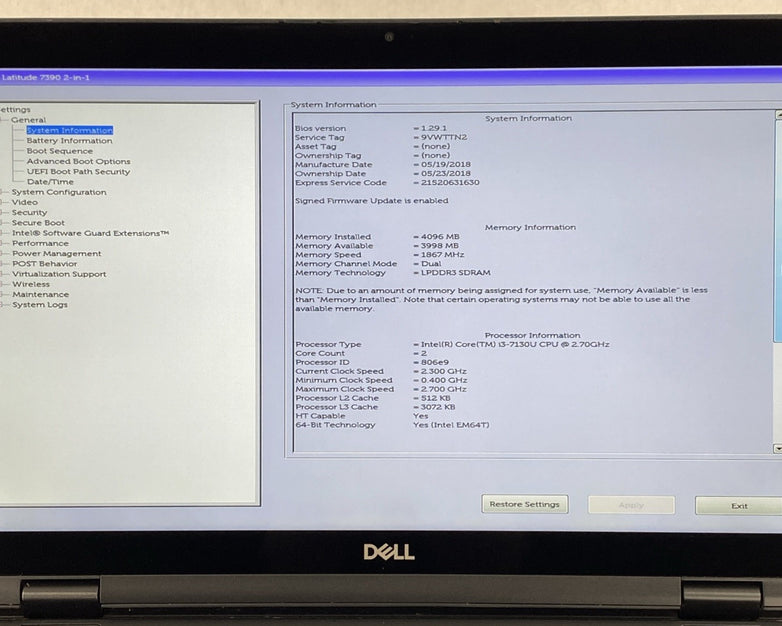Dell Latitude 7390 2 in 1 13.3" Touch i3-7130U 2.7GHz 4GB RAM No Battery/HDD/OS