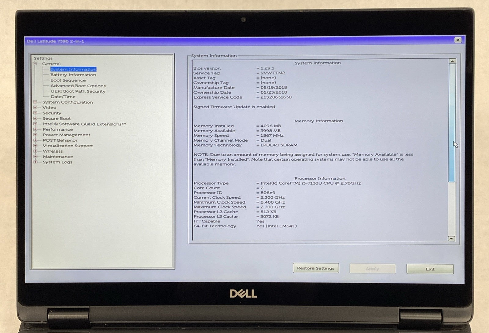 Dell Latitude 7390 2 in 1 13.3" Touch i3-7130U 2.7GHz 4GB RAM No Battery/HDD/OS
