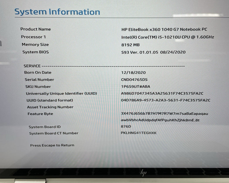 HP EliteBook x360 1040 G7 14" i5-10210U 1.60 GHz 8 GB RAM No OS/SSD/AC
