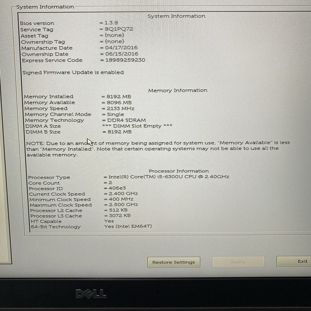 Dell Latitude E5570 15.6" i5-6300U 2.4GHz 8GB RAM No SSD/OS/AC - READ3