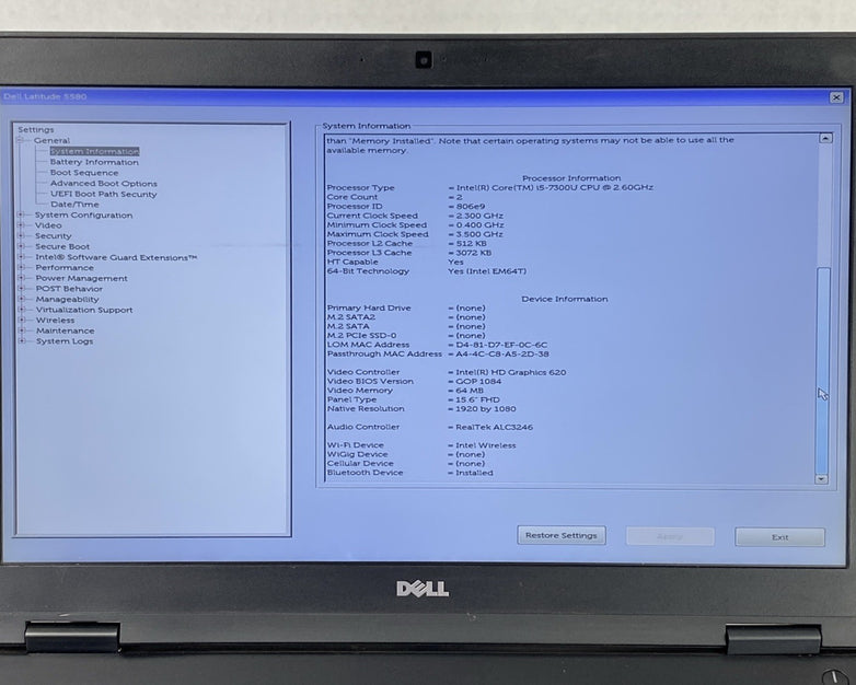 Dell Latitude 5580 Intel Core i5-7300U 2.6GHz 8GB RAM 15.6" No HDD No OS