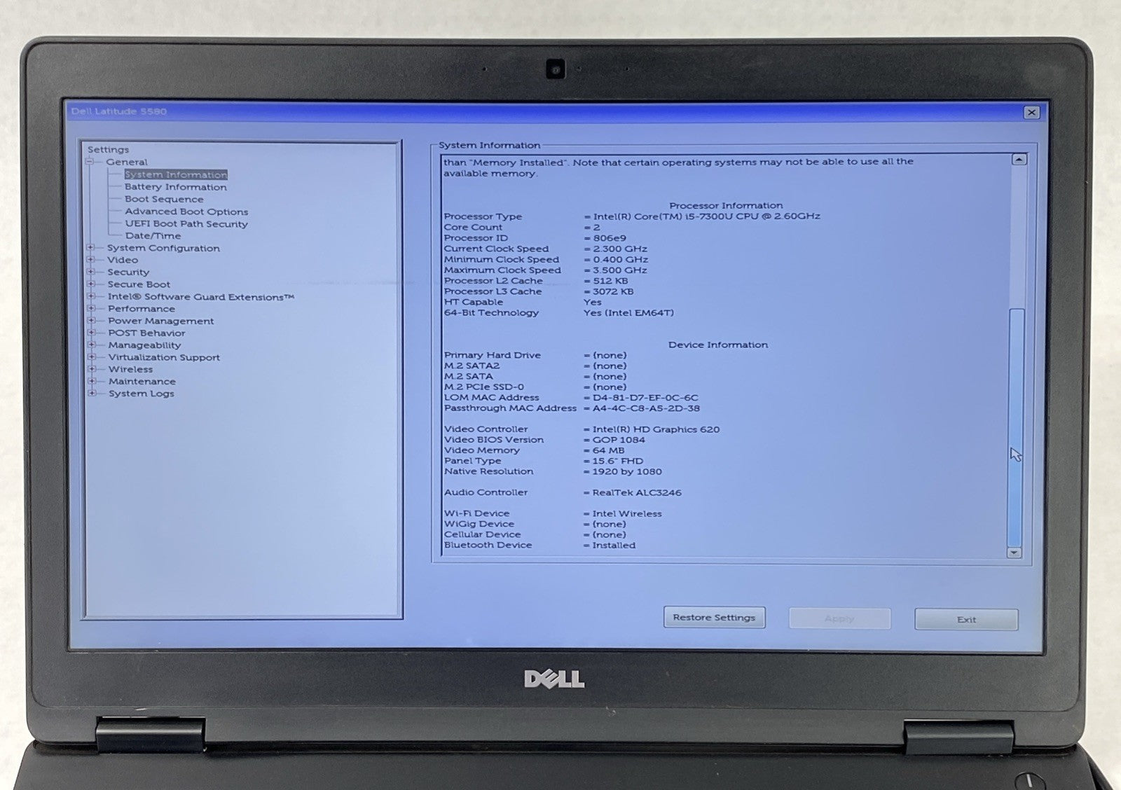 Dell Latitude 5580 Intel Core i5-7300U 2.6GHz 8GB RAM 15.6" No HDD No OS