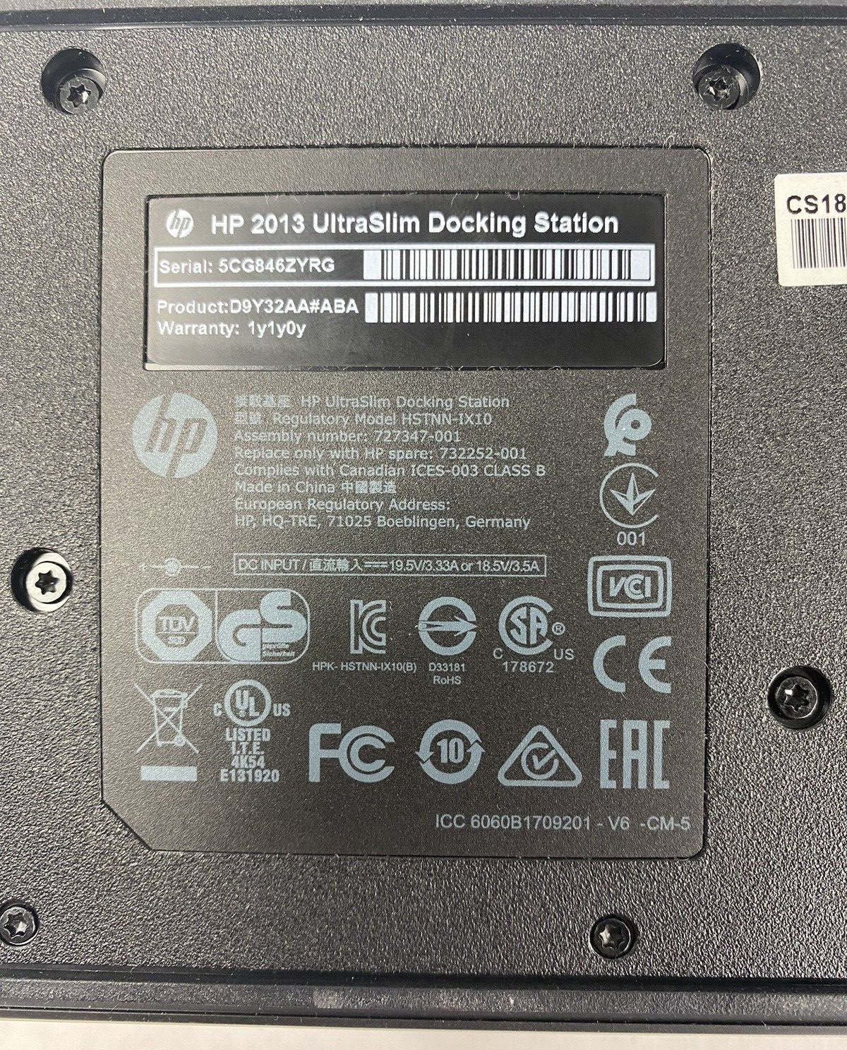 HP D9Y32AA#ABA 2013 UltraSlim Docking Station Untested