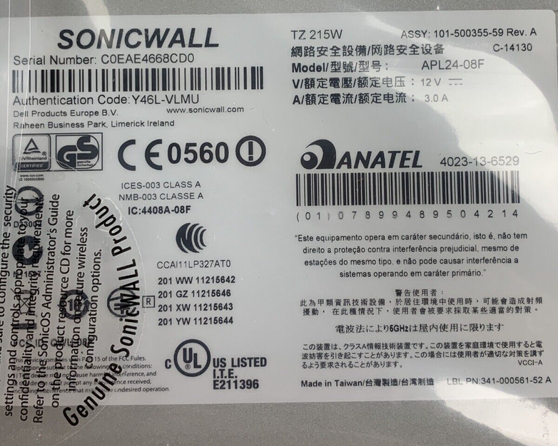 Sonicwall 01-SSC-4984 TZ 215 Wireless-N Network Security Appliance Open Box Set