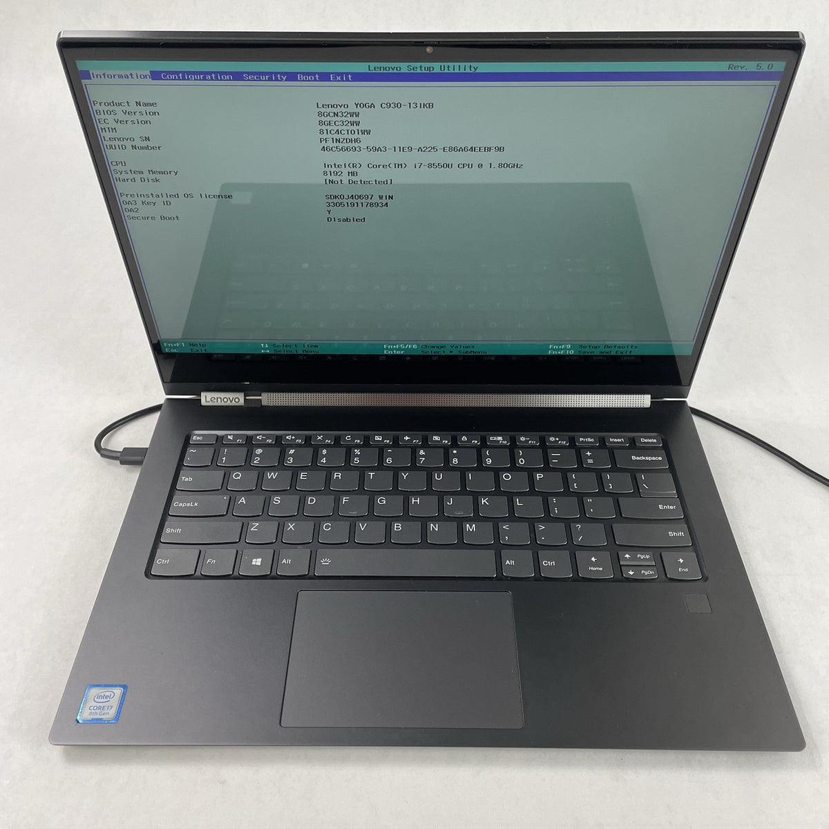 Lenovo Yoga C930-131KB 14" i7-8550U 1.80 GHz 8 GB RAM No SSD/OS/AC/Batt2