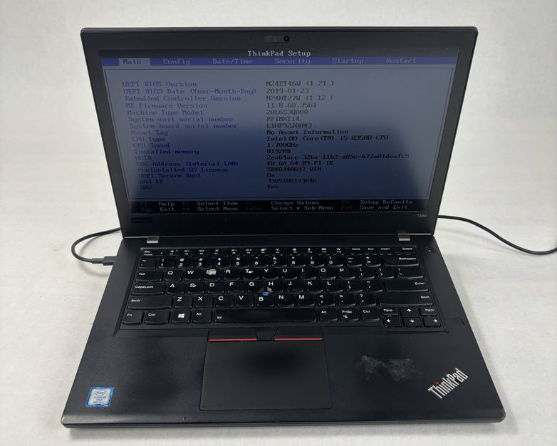 Lenovo ThinkPad T480 14" Laptop i5-8350 1.7 GHz 8 GB Ram No OS No HDD No AC