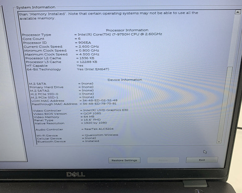 Dell Precision 3541 15.6" Laptop Intel i7-9750H 2.6 GHz 16 GB Ram No OS No HDD