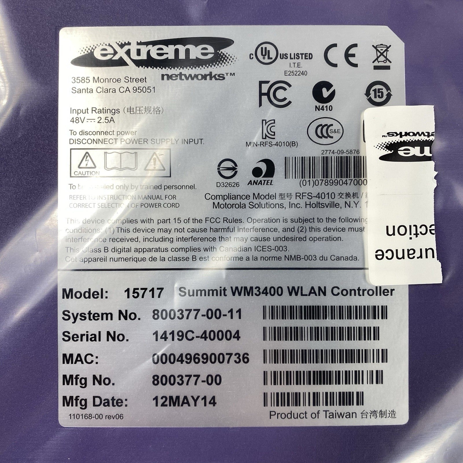 Extreme Networks 15717 Summit WM3400 WLAN Controller
