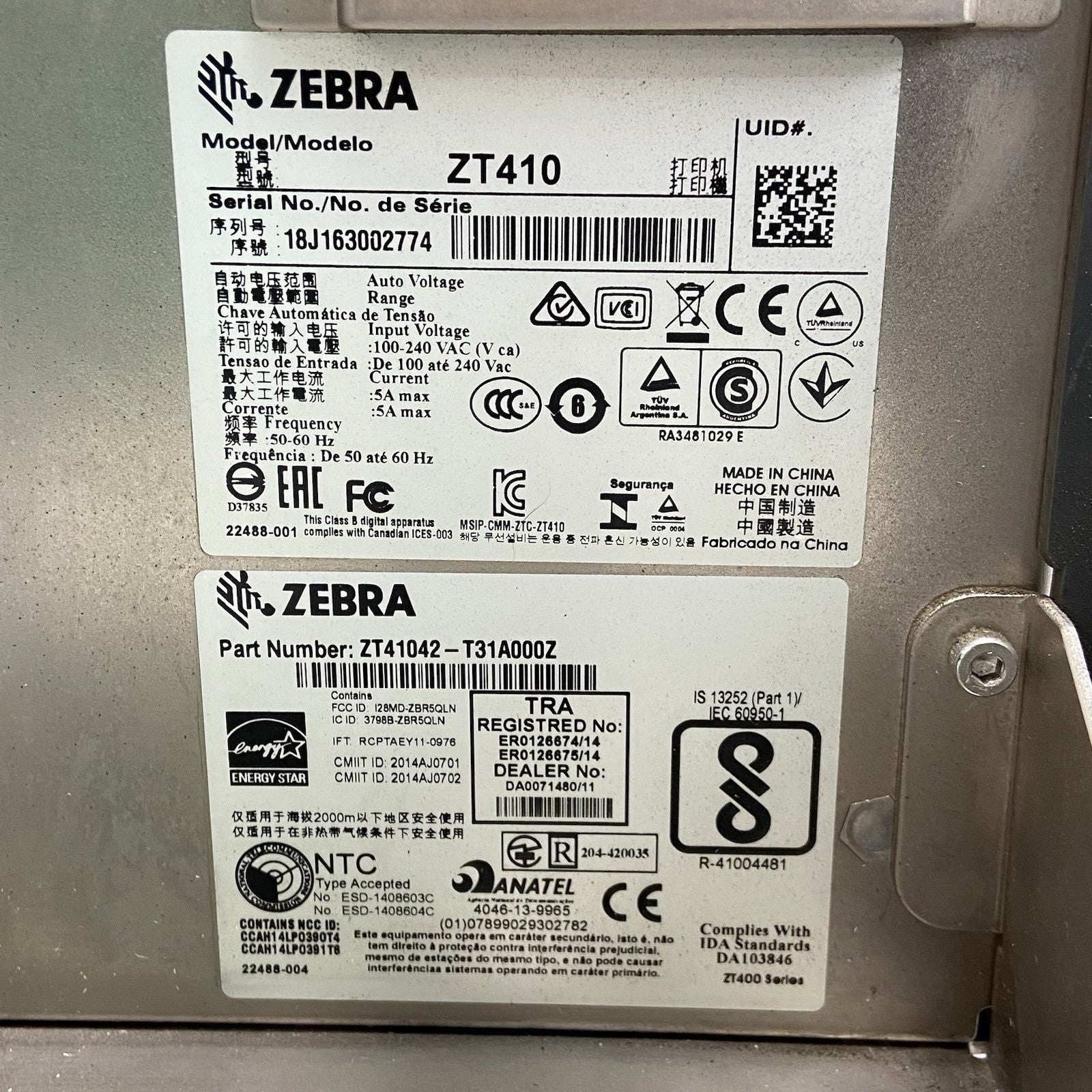 Zebra ZT410 Direct/Transfer Thermal  Printer/203dpi/BT ZT41042-T0100A0Z Tested