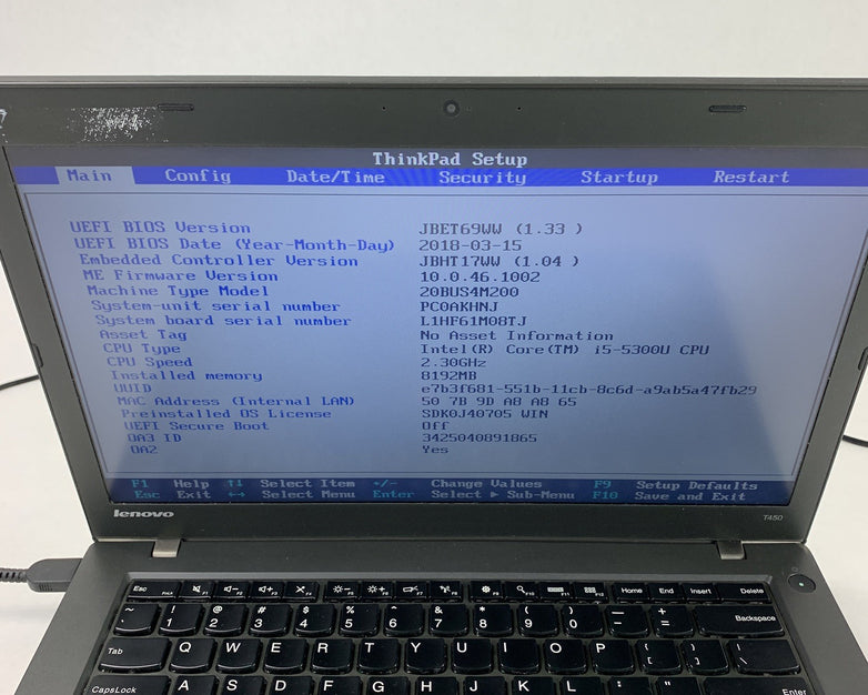 Lenovo T450 14" Laptop i5-5300u 2.3 GHz 8 GB Ram No OS No HDD No AC