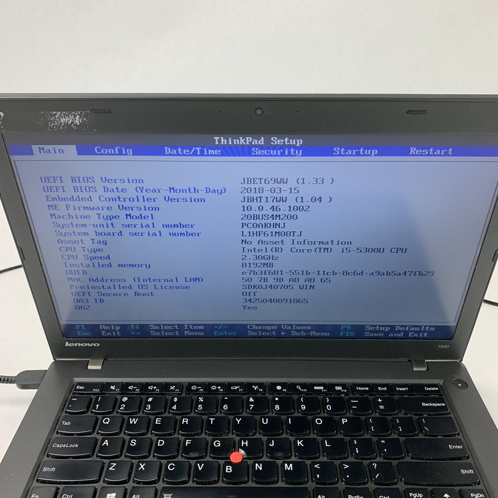 Lenovo T450 14" Laptop i5-5300u 2.3 GHz 8 GB Ram No OS No HDD No AC